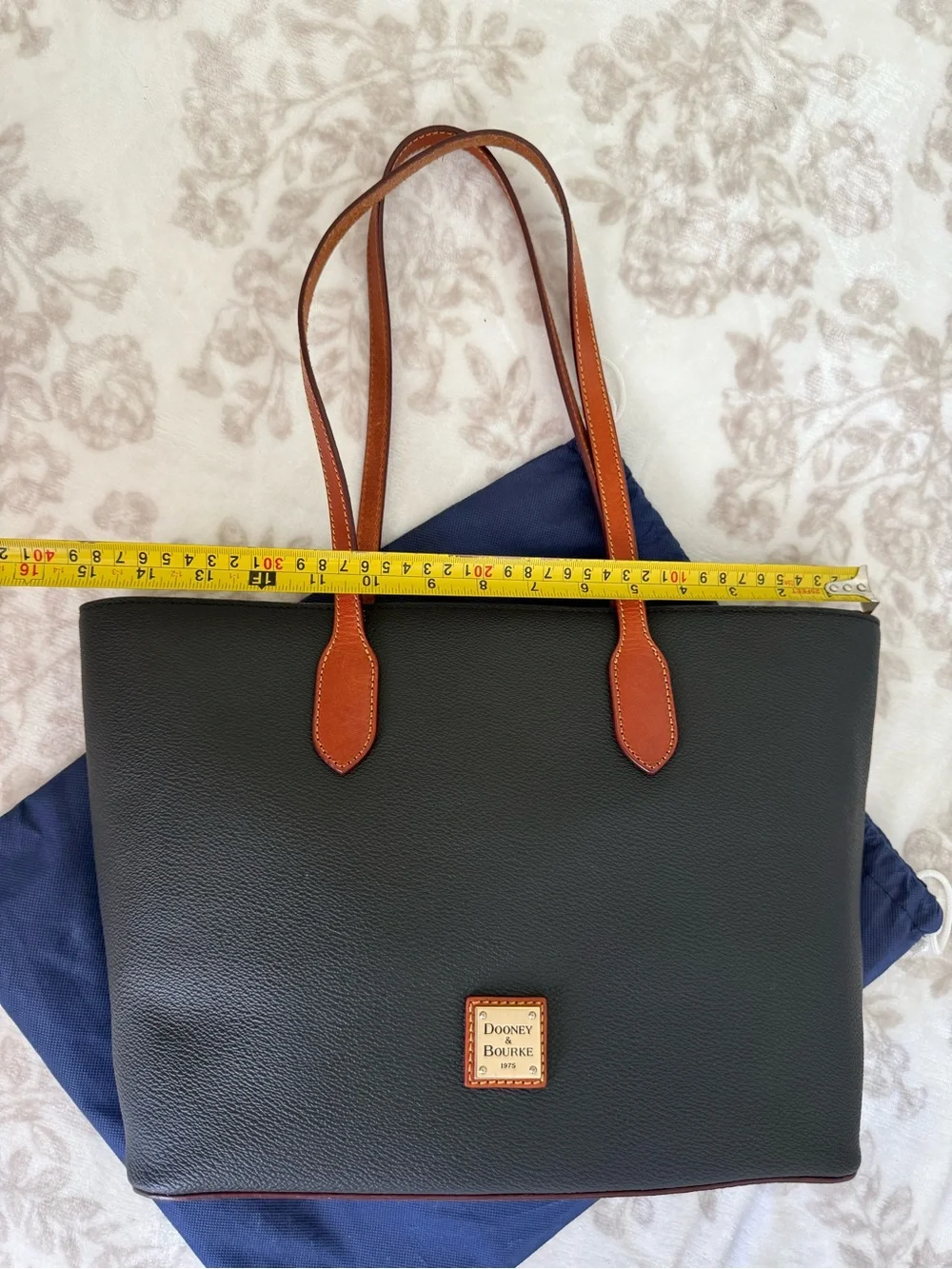 Dooney & Bourke Black Pebble Grain Leather Tote Brown Trim Large Shoulder Bag
